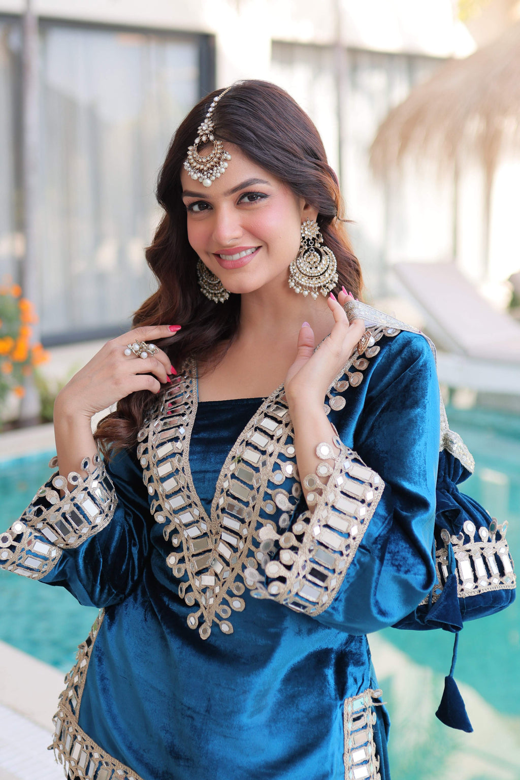 Vedant Vastram Heavy Velvet Embroidery & Mirror Work Stitched Ethnic Palazzo Set-Rama | Grocsy