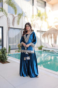 Prazu Fashion Turquoise Velvet With Zari Embroidered & Real Mirror Work Palazzo With Potli Bag | Grocsy