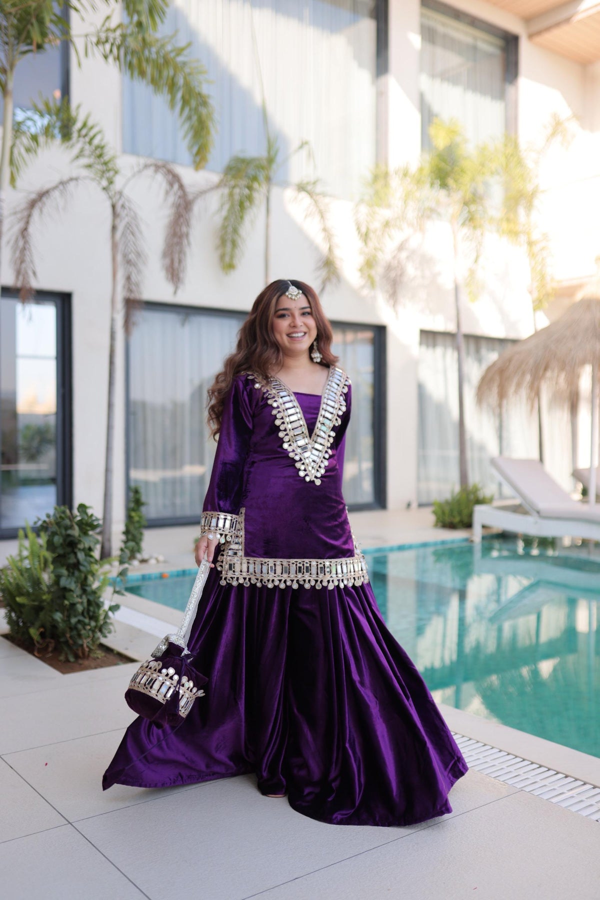 Prazu Fashion Violet Velvet With Zari Embroidered & Real Mirror Work Plazzo With Potli Bag | Grocsy