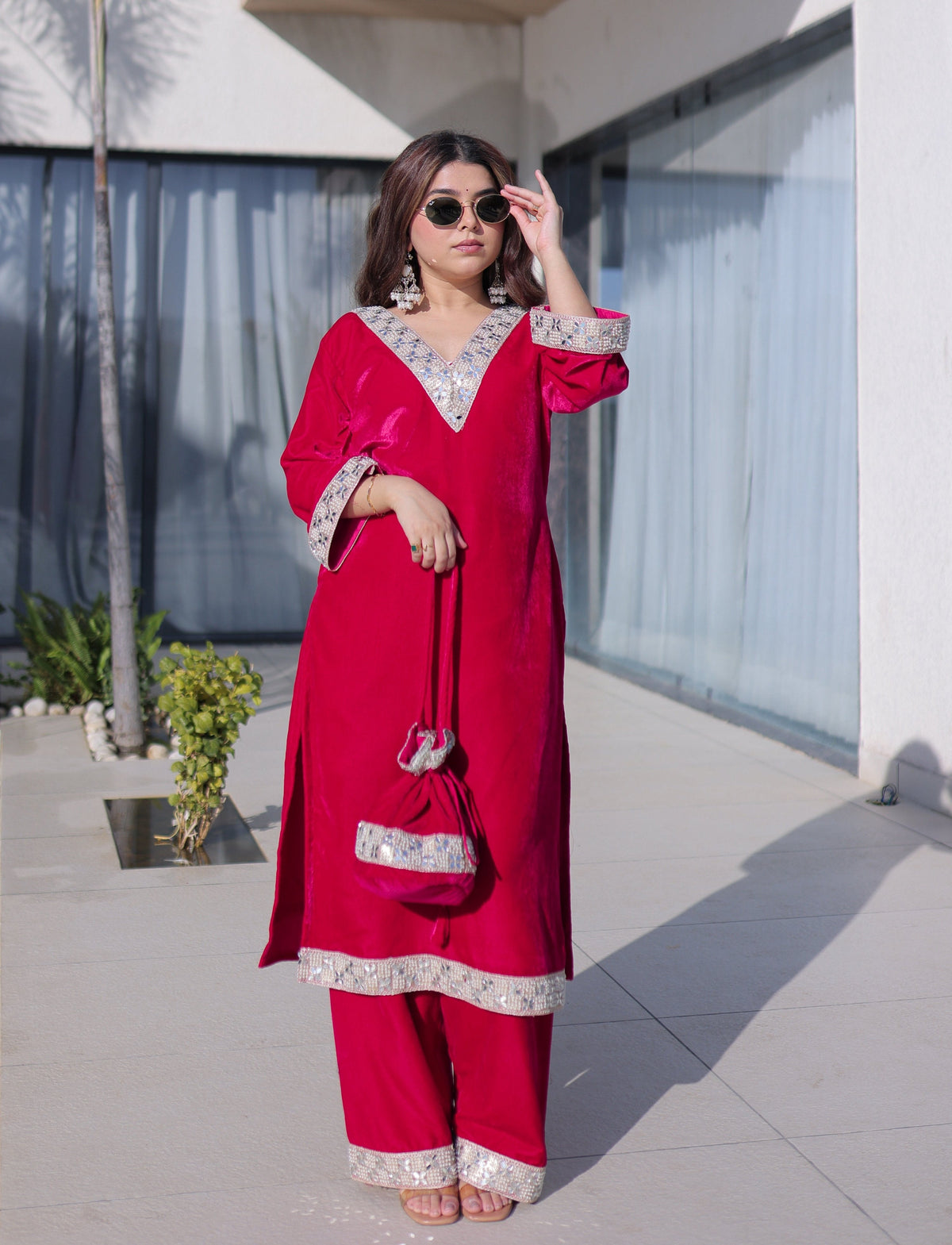Vedant Vastram Heavy Velvet Embroidery & Mirror Work Stitched Salwar Suit Set-Pink | Grocsy