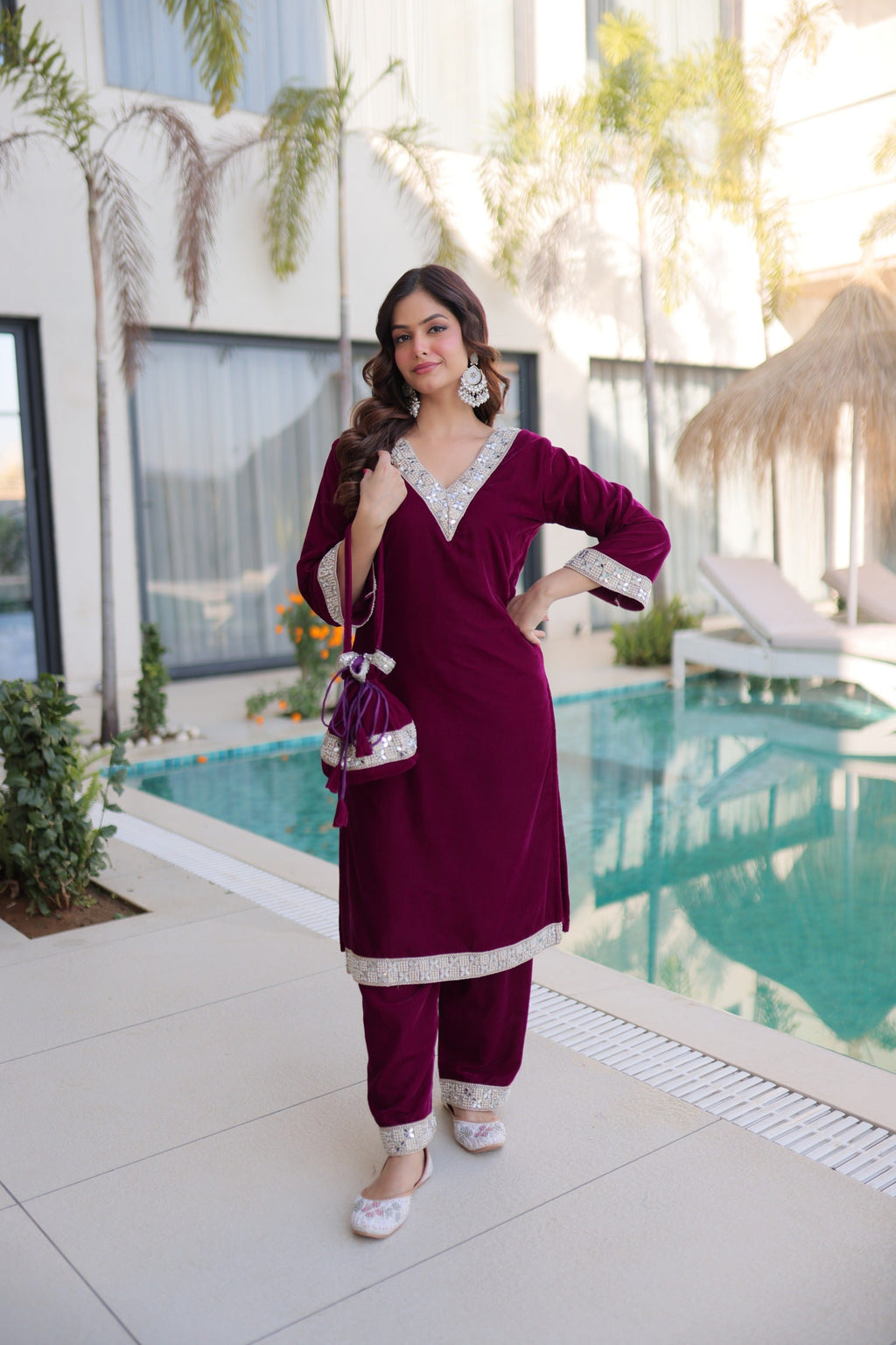 Prazu Fashion Wine Velvet Zari Embroidered & Real Mirror Work Suit With Potli Bag | Grocsy