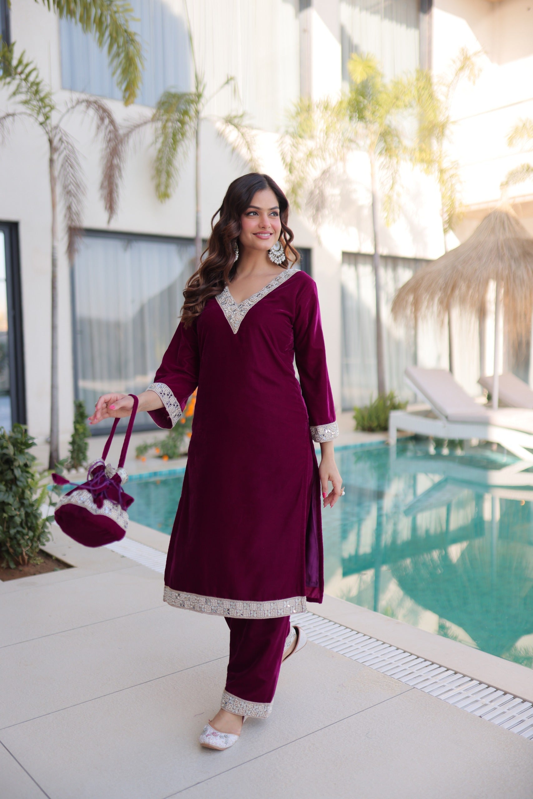 Prazu Fashion Wine Velvet Zari Embroidered & Real Mirror Work Suit With Potli Bag | Grocsy