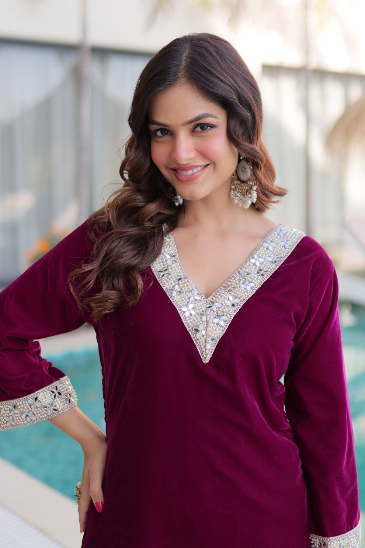 Prazu Fashion Wine Velvet Zari Embroidered & Real Mirror Work Suit With Potli Bag | Grocsy