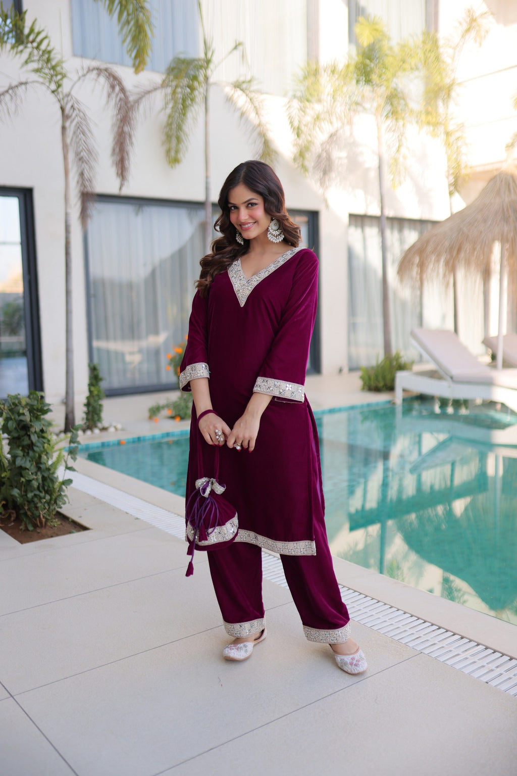 Prazu Fashion Wine Velvet Zari Embroidered & Real Mirror Work Suit With Potli Bag | Grocsy