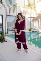 Prazu Fashion Wine Velvet Zari Embroidered & Real Mirror Work Suit With Potli Bag | Grocsy