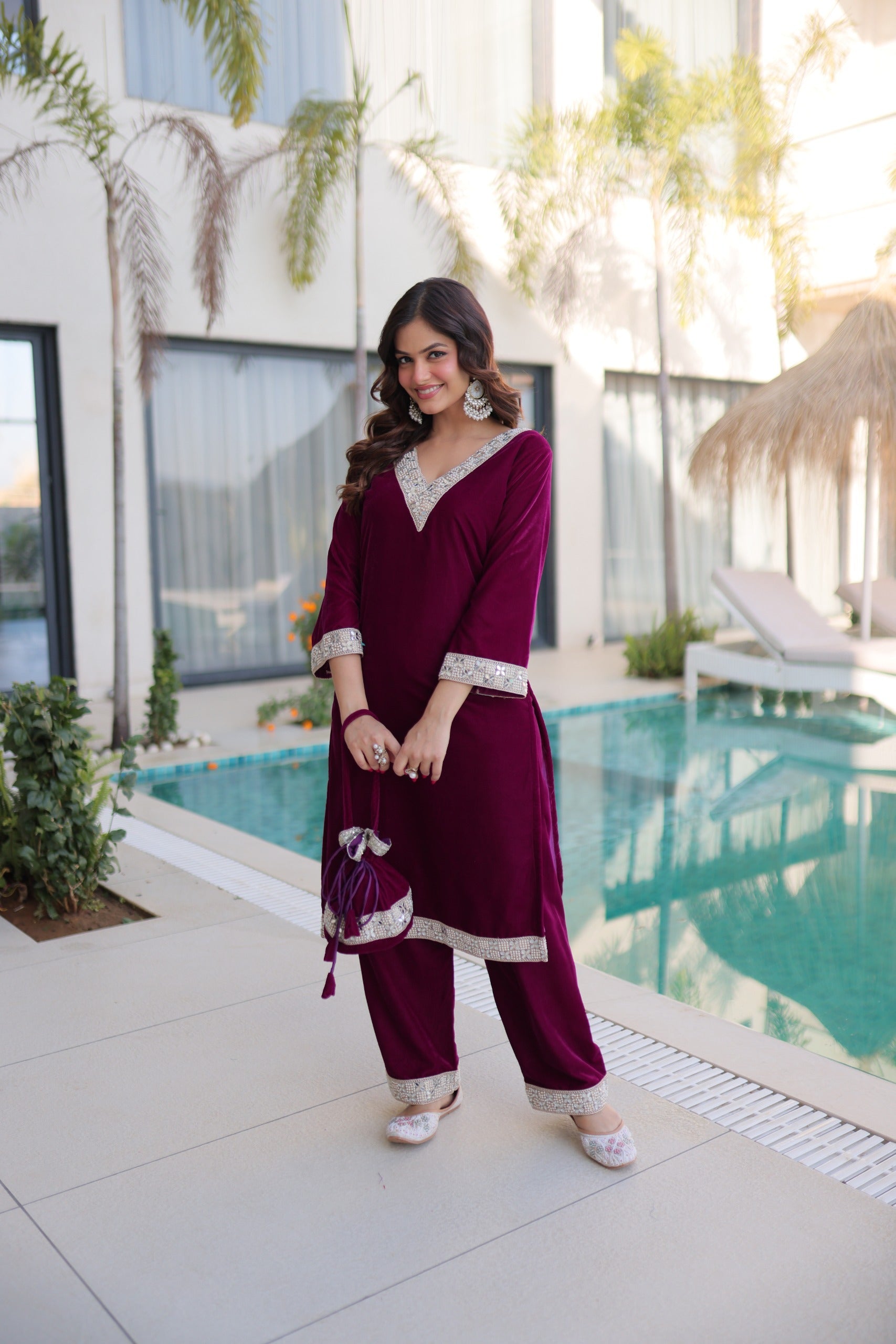 Prazu Fashion Wine Velvet Zari Embroidered & Real Mirror Work Suit With Potli Bag | Grocsy