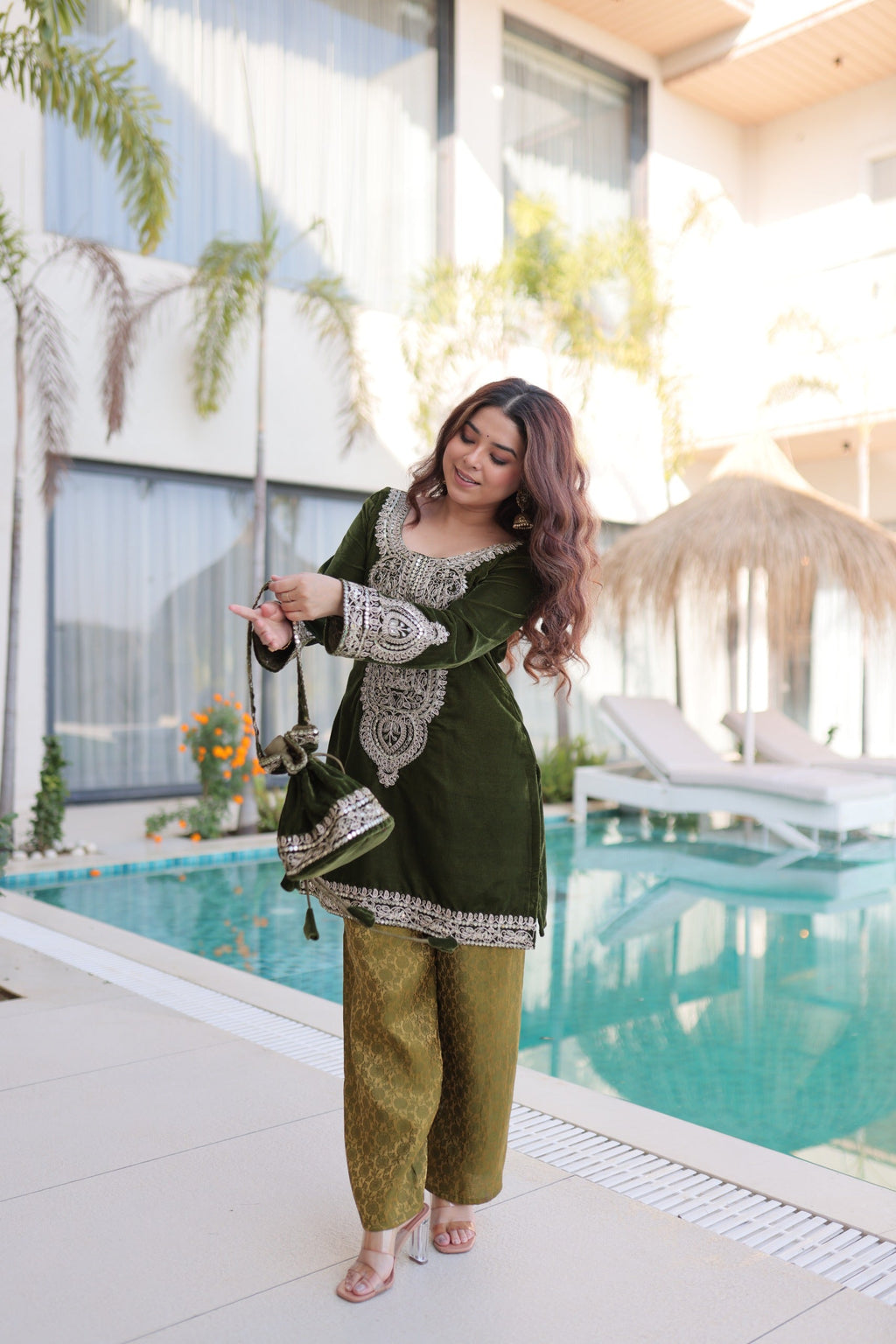 Prazu Fashion Green Velvet With Rich Zari Coding Embroidered Suit With Potli Bag | Grocsy