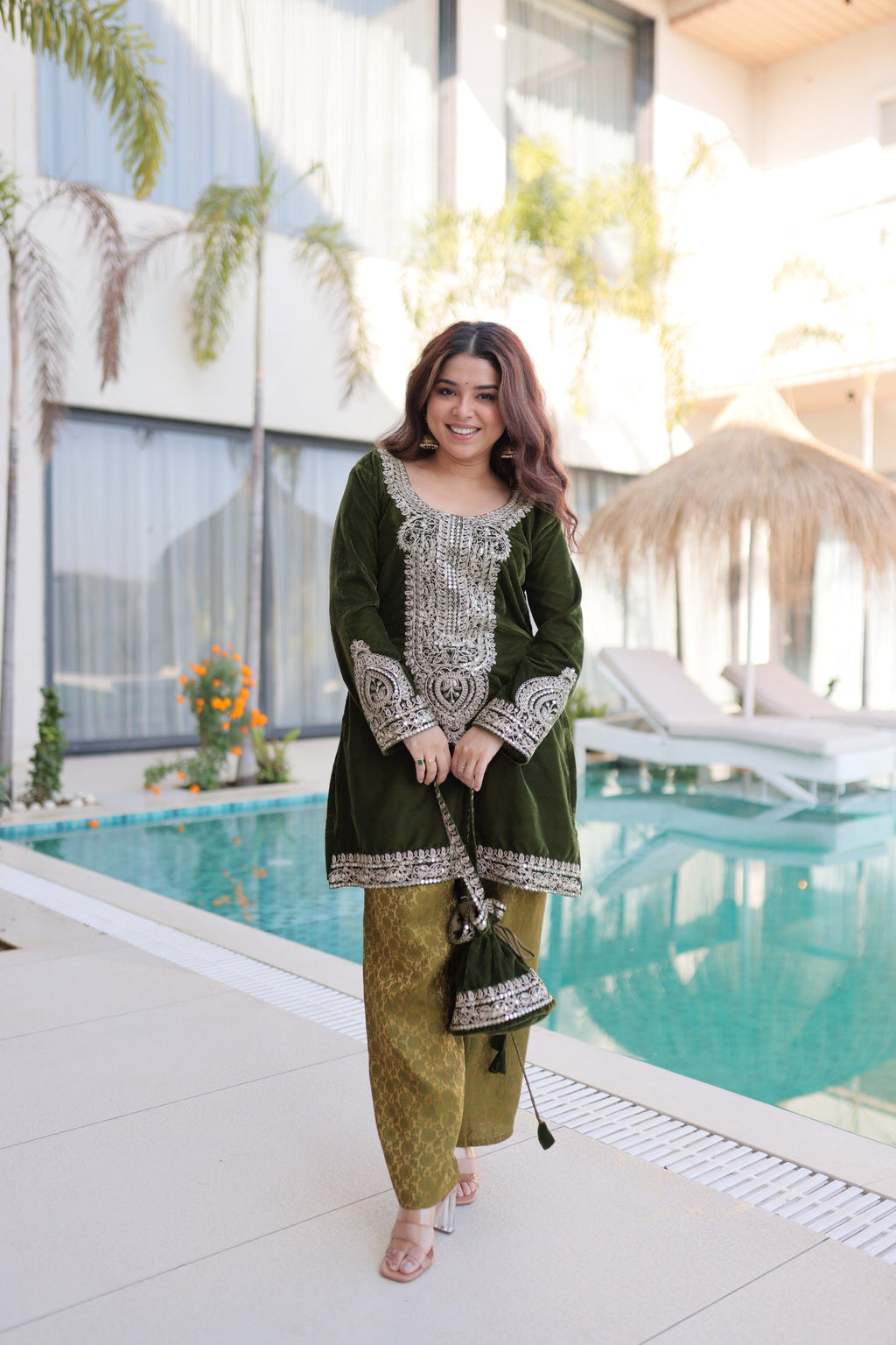 Prazu Fashion Green Velvet With Rich Zari Coding Embroidered Suit With Potli Bag | Grocsy