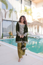 Prazu Fashion Green Velvet With Rich Zari Coding Embroidered Suit With Potli Bag | Grocsy