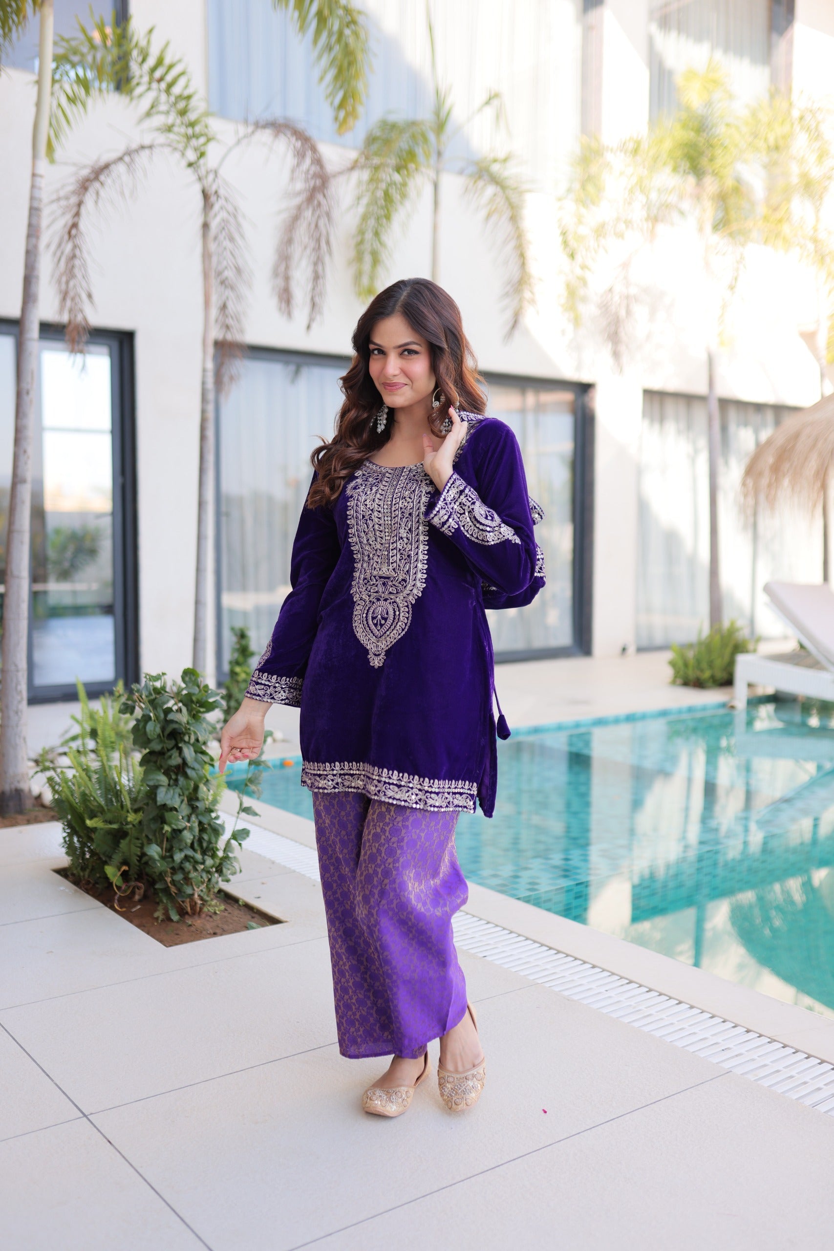 Prazu Fashion Purple Velvet With Rich Zari Coding Embroidered Suit With Potli Bag | Grocsy