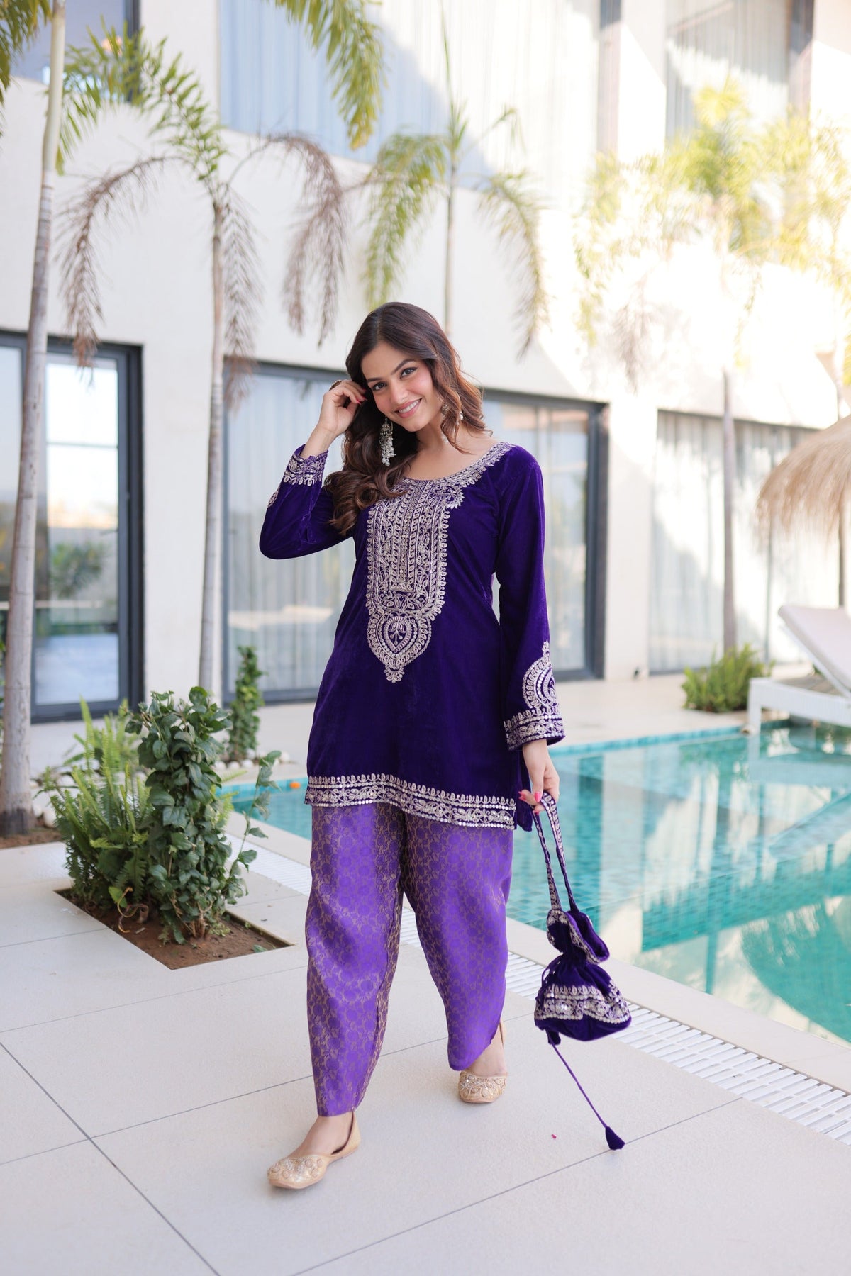 Prazu Fashion Purple Velvet With Rich Zari Coding Embroidered Suit With Potli Bag | Grocsy