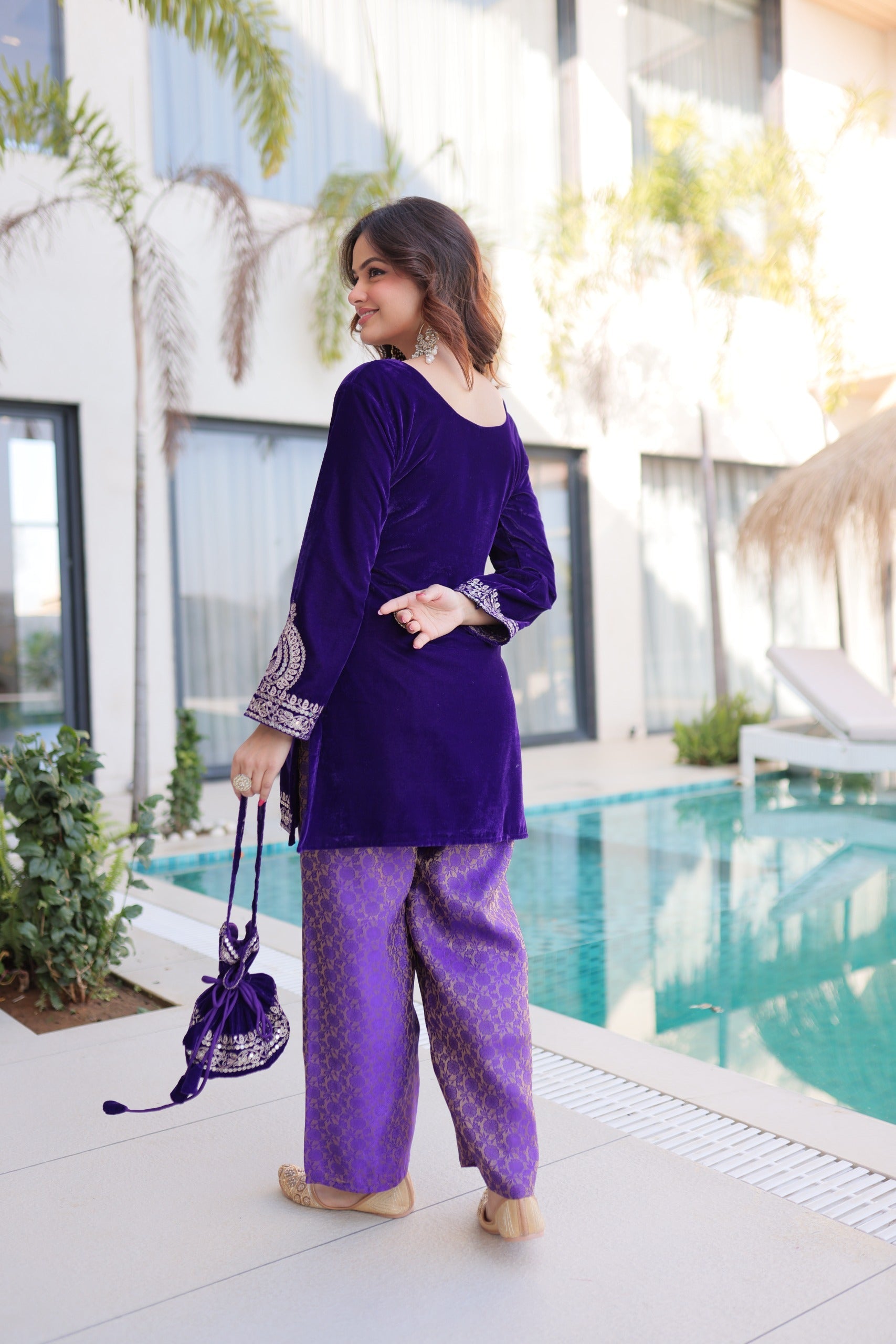 Prazu Fashion Purple Velvet With Rich Zari Coding Embroidered Suit With Potli Bag | Grocsy