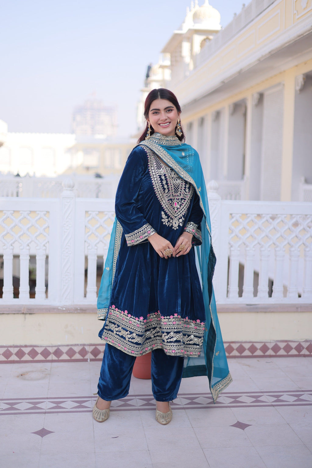Prazu Fashion Rama Velvet Rich Sequins , Zari, Coding & Thread Embroidered Salwar Suit | Grocsy