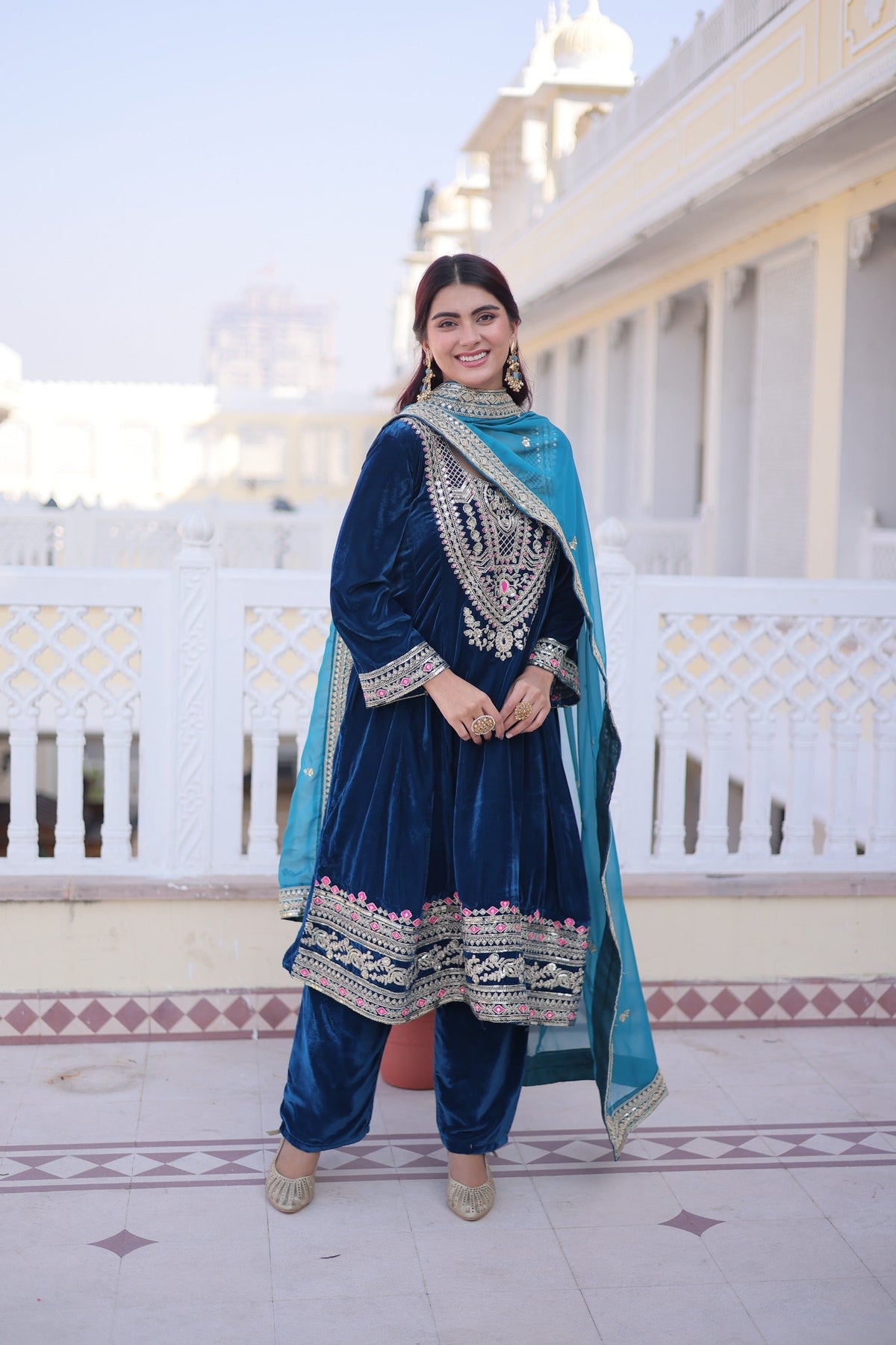 Prazu Fashion Rama Velvet Rich Sequins , Zari, Coding & Thread Embroidered Salwar Suit | Grocsy