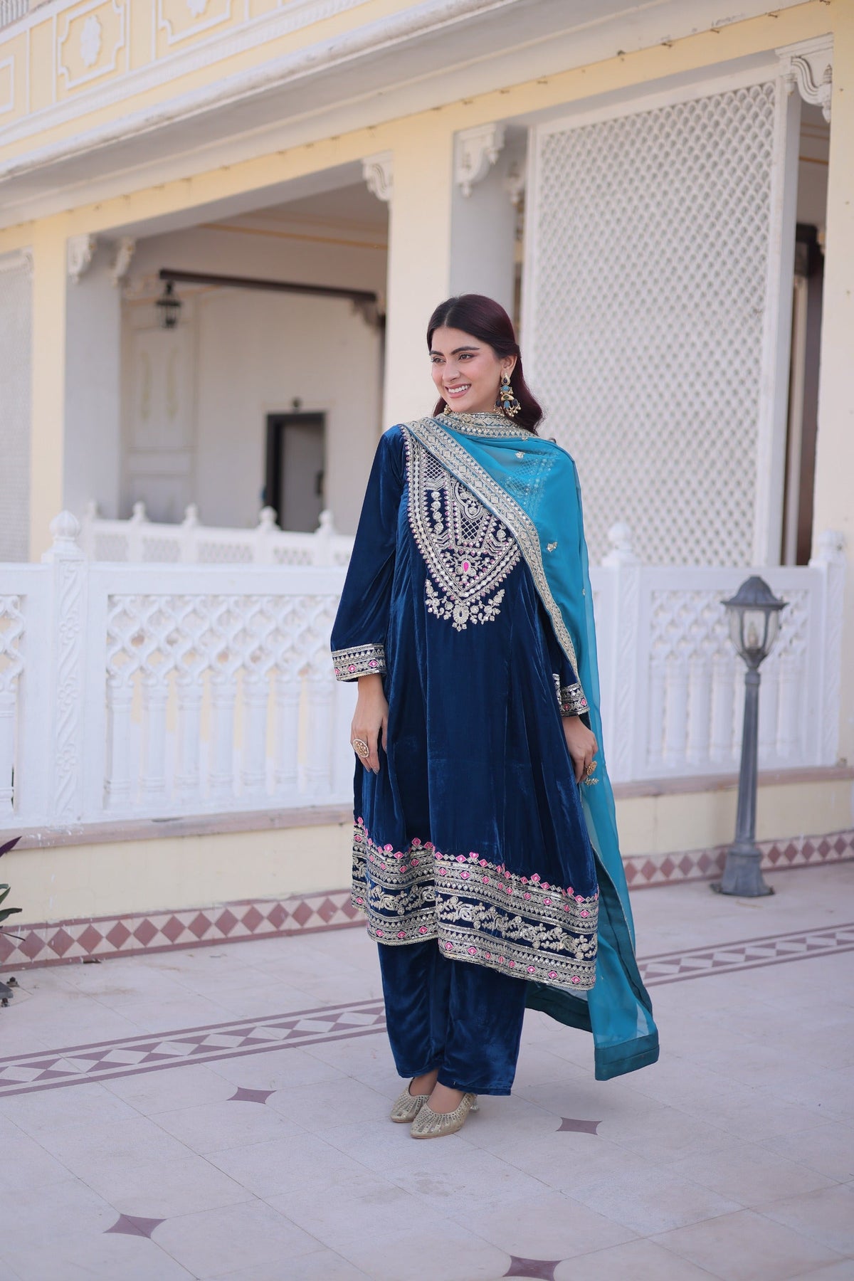 Prazu Fashion Rama Velvet Rich Sequins , Zari, Coding & Thread Embroidered Salwar Suit | Grocsy