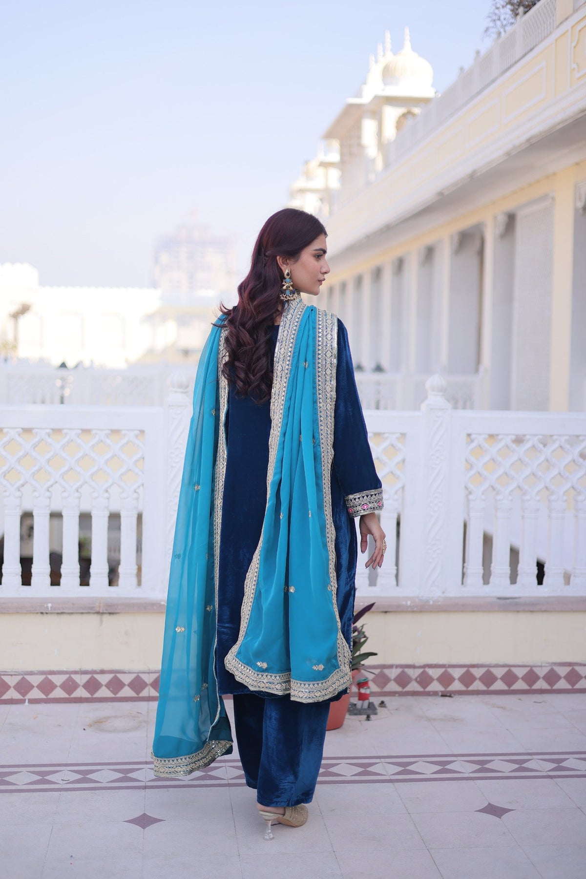 Prazu Fashion Rama Velvet Rich Sequins , Zari, Coding & Thread Embroidered Salwar Suit | Grocsy