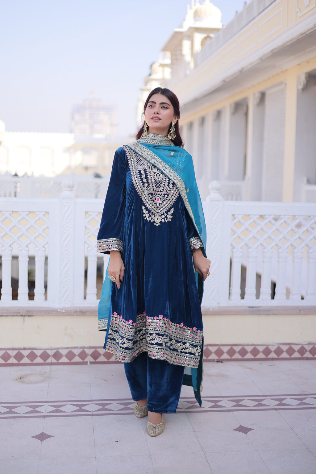 Prazu Fashion Rama Velvet Rich Sequins , Zari, Coding & Thread Embroidered Salwar Suit | Grocsy