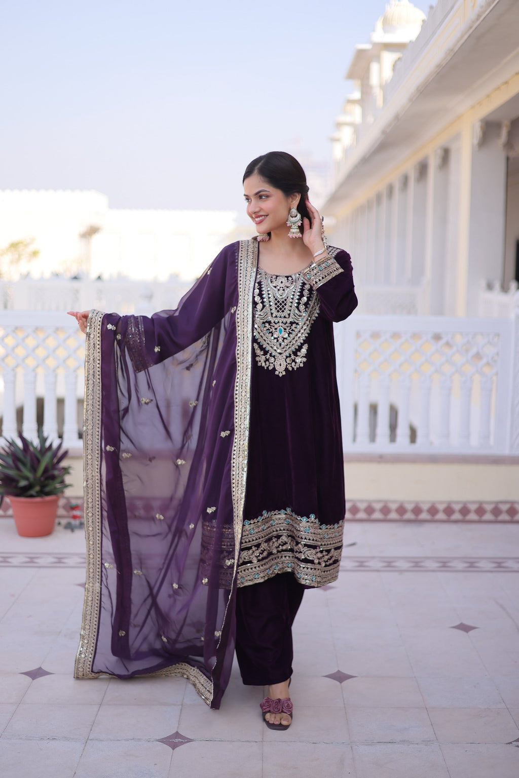 Prazu Fashion Wine Velvet Rich Sequins , Zari, Coding & Thread Embroidered Salwar Suit | Grocsy