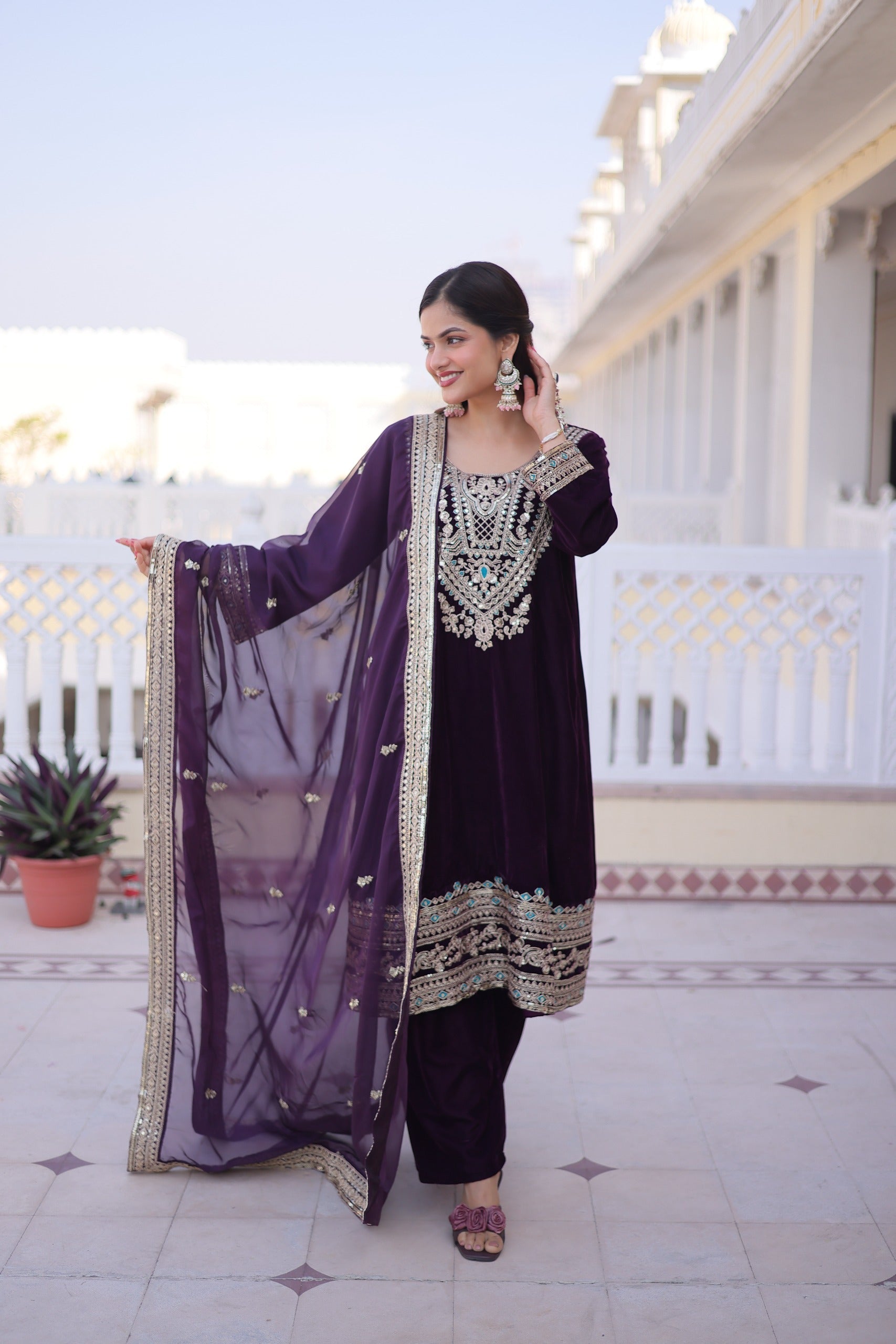 Prazu Fashion Wine Velvet Rich Sequins , Zari, Coding & Thread Embroidered Salwar Suit | Grocsy