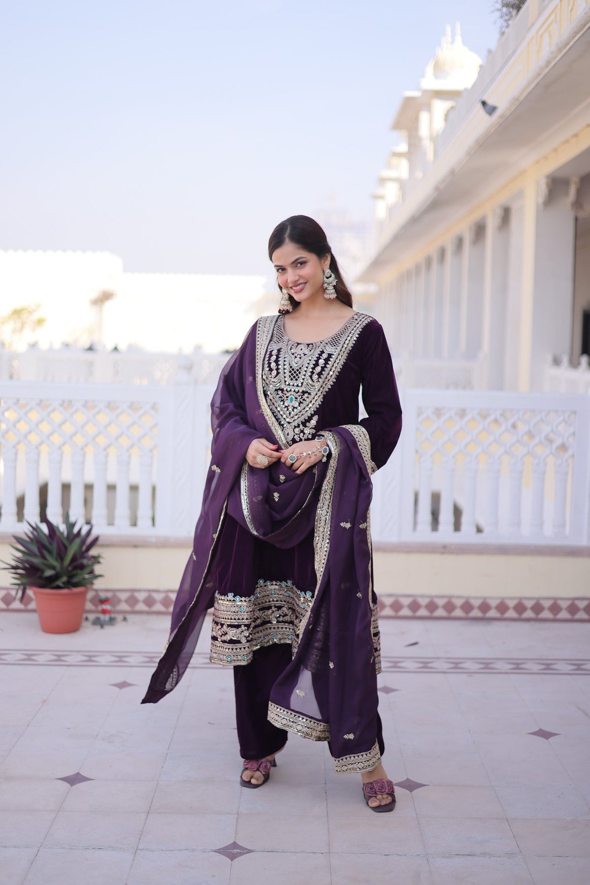 Prazu Fashion Wine Velvet Rich Sequins , Zari, Coding & Thread Embroidered Salwar Suit | Grocsy