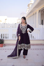Prazu Fashion Wine Velvet Rich Sequins , Zari, Coding & Thread Embroidered Salwar Suit | Grocsy