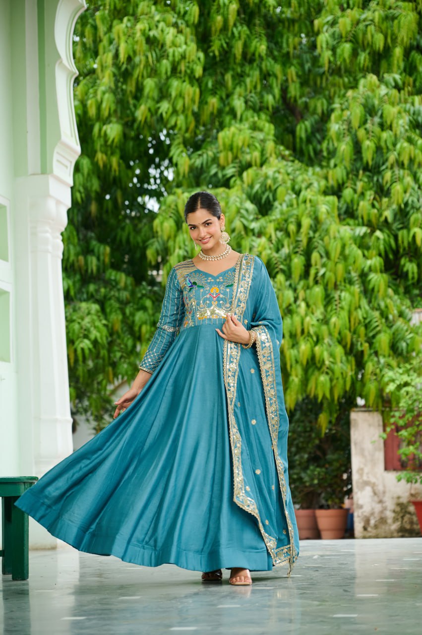 Lehenga Mart Premium Readymade Gown With Dupatta Set For Women-Sky Blue | Grocsy