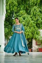 Lehenga Mart Premium Readymade Gown With Dupatta Set For Women-Sky Blue | Grocsy
