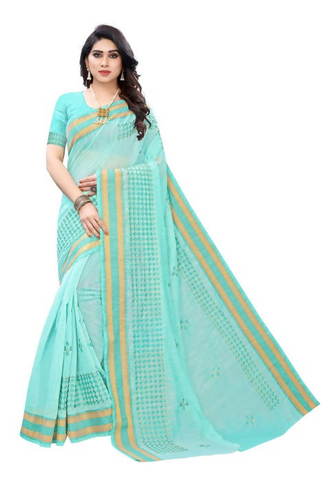 Vamika Embroidery Rama Green Chanderi Saree (MINI CHECKS RAMA) | Grocsy