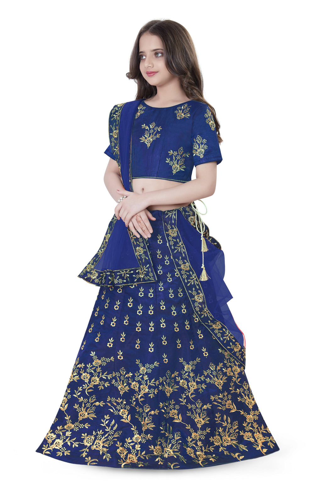 Dwiden Royal Blue Baby Doll Tafetta Sattin Semi-Stitched Girl's Lehenga Choli | Grocsy