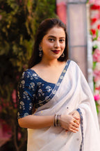 White Pure Linen Ethnic Motifs Saree with Unstitched Blouse - A2M | Grocsy