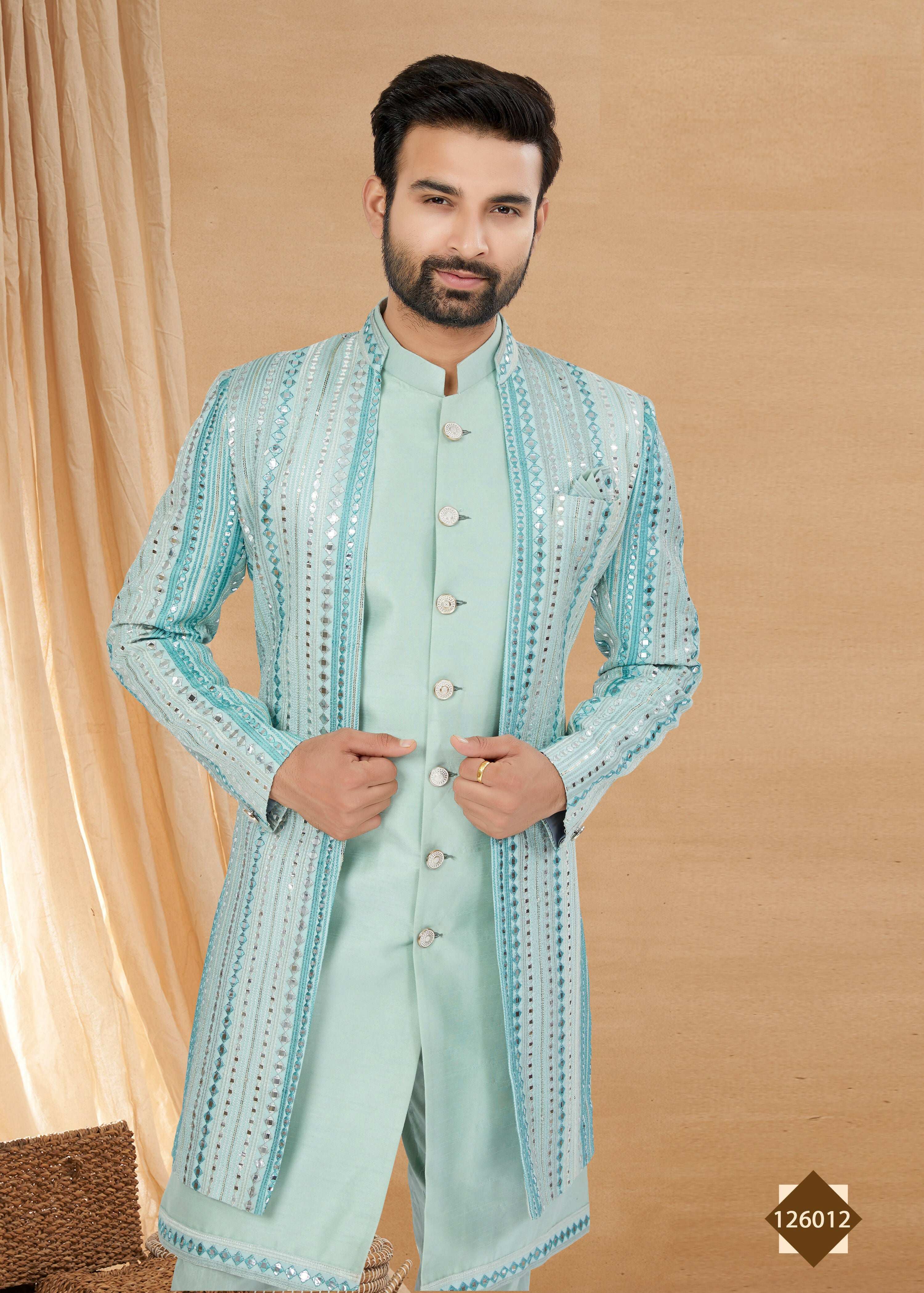 Joban Fashion Men's Sky Blue Heavy Art Silk Double Finish Plain Indowestern | Grocsy