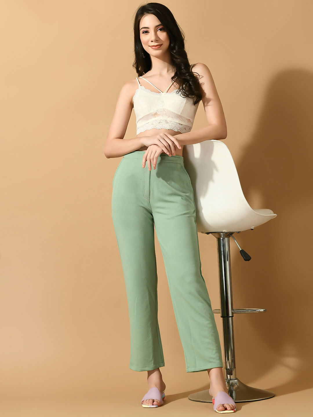 Myshka Women's Green Straight Fit Party Trouser | Grocsy