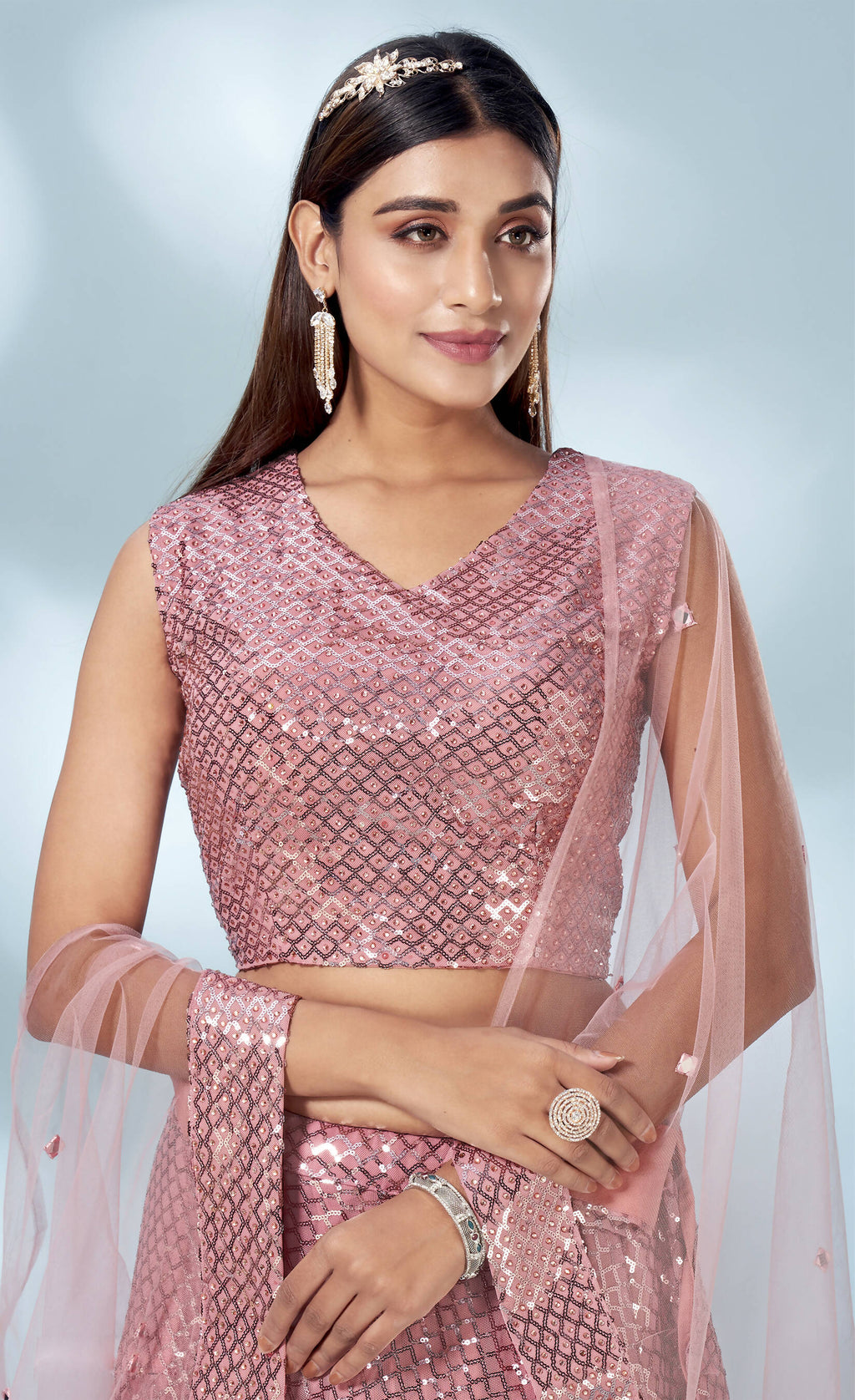 Pink Net Heavy Sequence work Lehenga Choli with Dupatta - Tanya | Grocsy