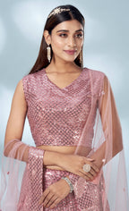 Pink Net Heavy Sequence work Lehenga Choli with Dupatta - Tanya | Grocsy