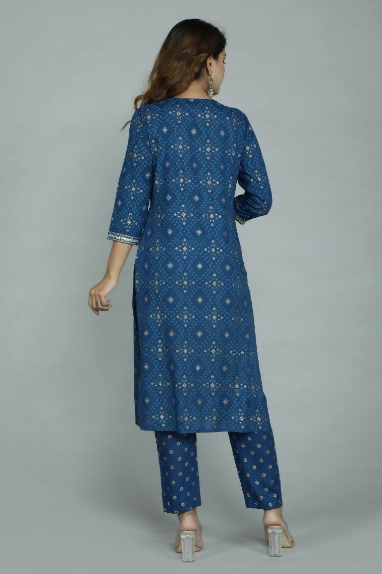 Alvano Printed Sequence Kurti with Pant and Dupatta set Rayon (Blue) | Grocsy