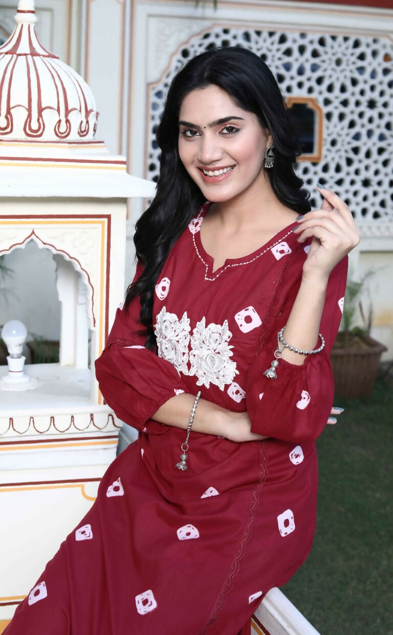 Miravan Women's Red Bandhani Printed Moti And Chikan Embroidered & Lace Work A Line Palazzo Set | Grocsy