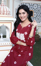Miravan Women's Red Bandhani Printed Moti And Chikan Embroidered & Lace Work A Line Palazzo Set | Grocsy