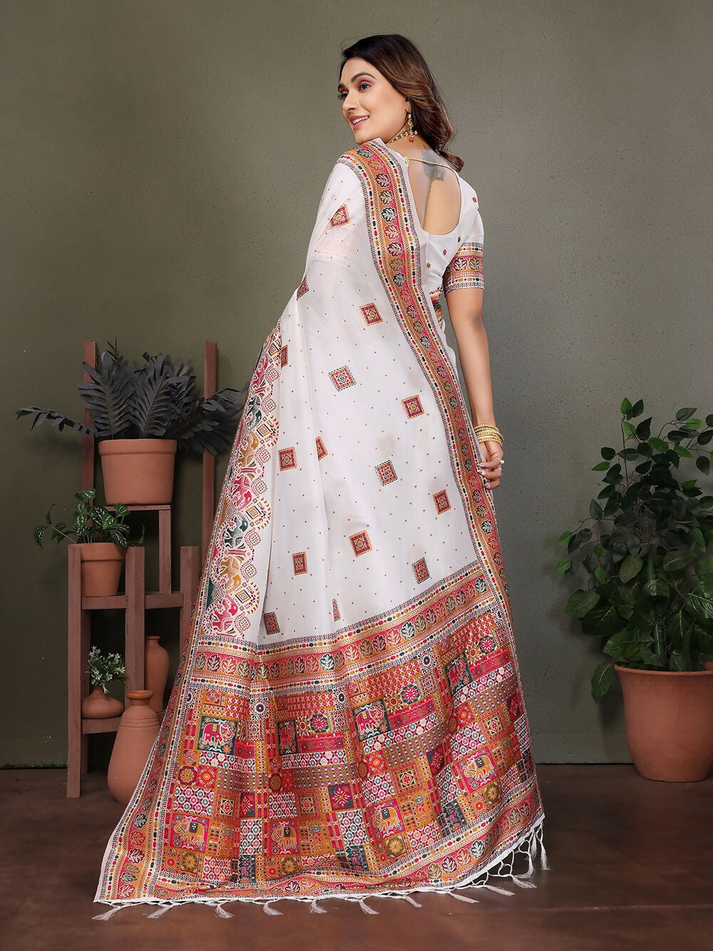 Joban Fashion White Thread Woven Pashmina Sarees | Grocsy