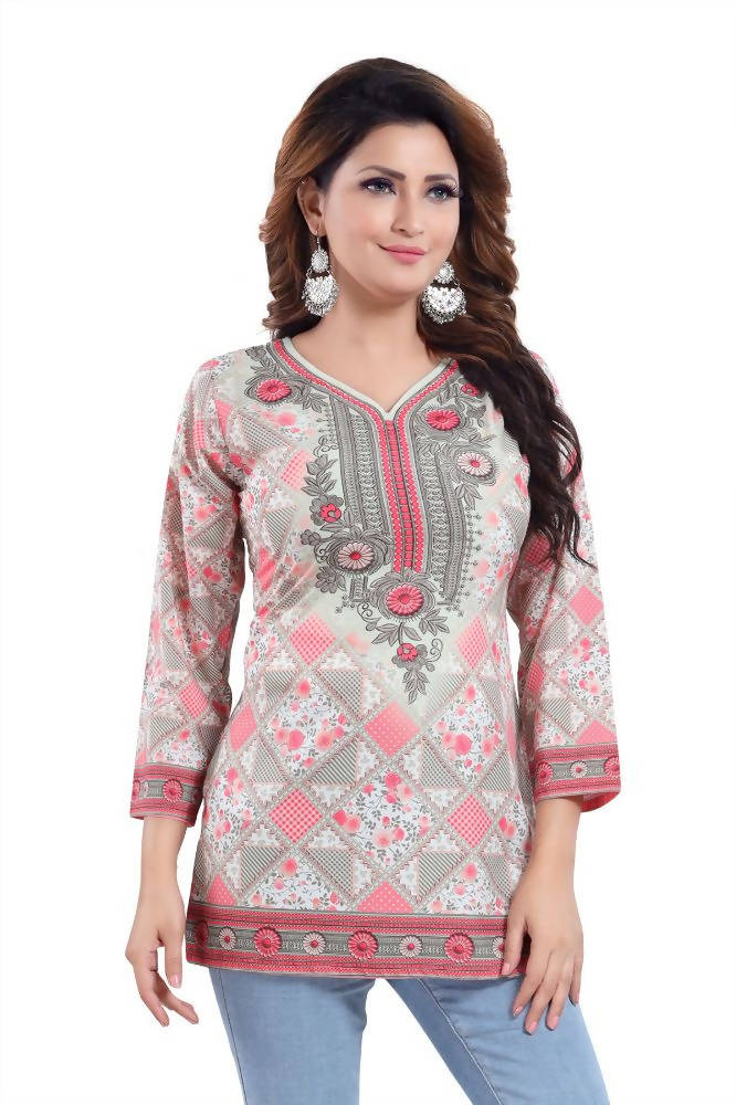 Snehal Creations Precious Pink Faux Crepe Printed Short Kurti Tunic | Grocsy