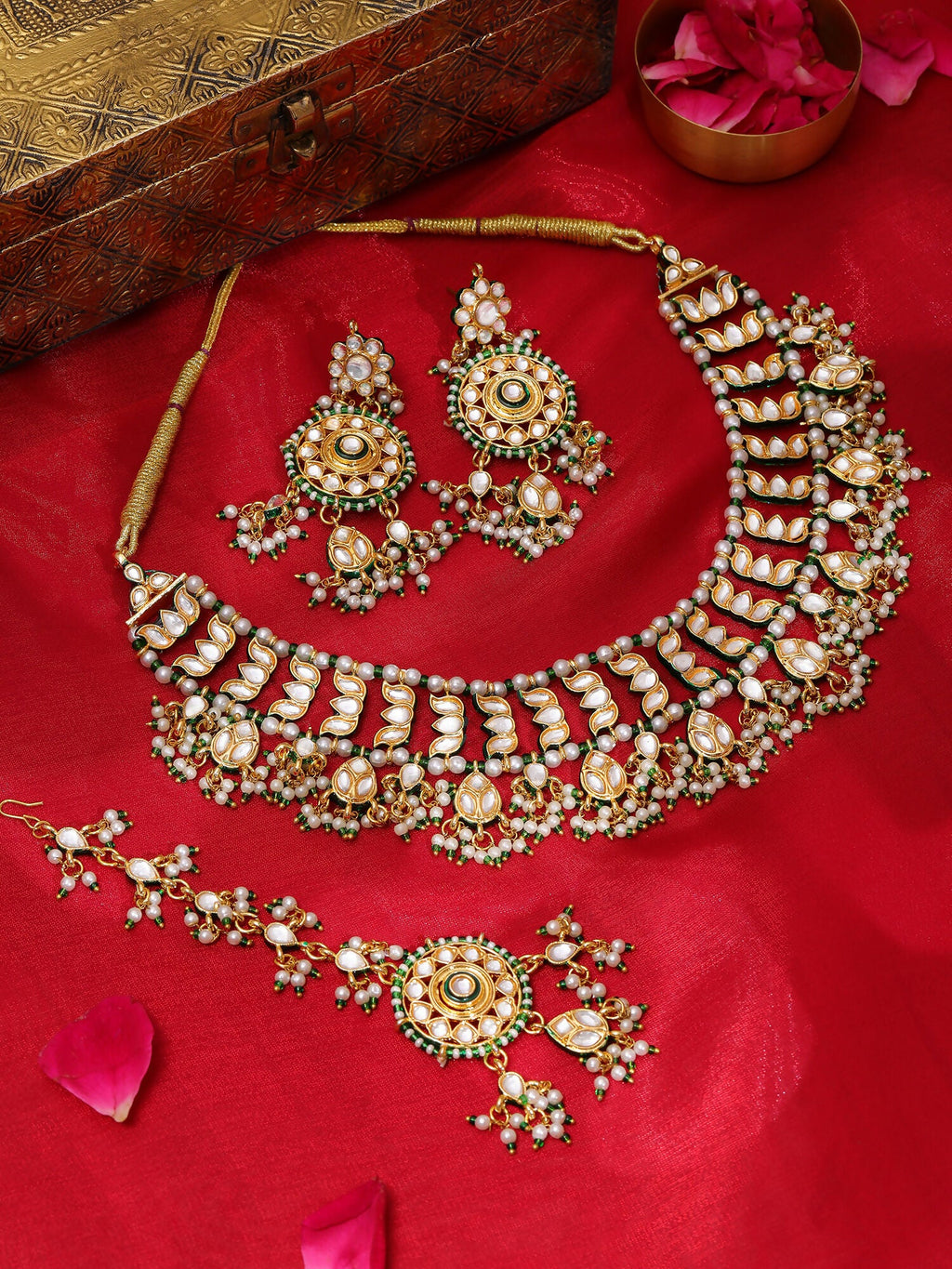 Ruby Raang Gold Polished Kundan Work Gold Kundan Collar Necklace With Earrings & Maang Tikka | Grocsy