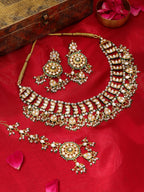 Ruby Raang Gold Polished Kundan Work Gold Kundan Collar Necklace With Earrings & Maang Tikka | Grocsy