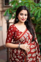 Red Cotton Blend Ajrak Saree with Unstitched Blouse - A2M | Grocsy