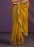 Mustard Crepe Satin Silk Embroidered Saree With Stitched Blouse - Mohmanthan Exotica | Grocsy