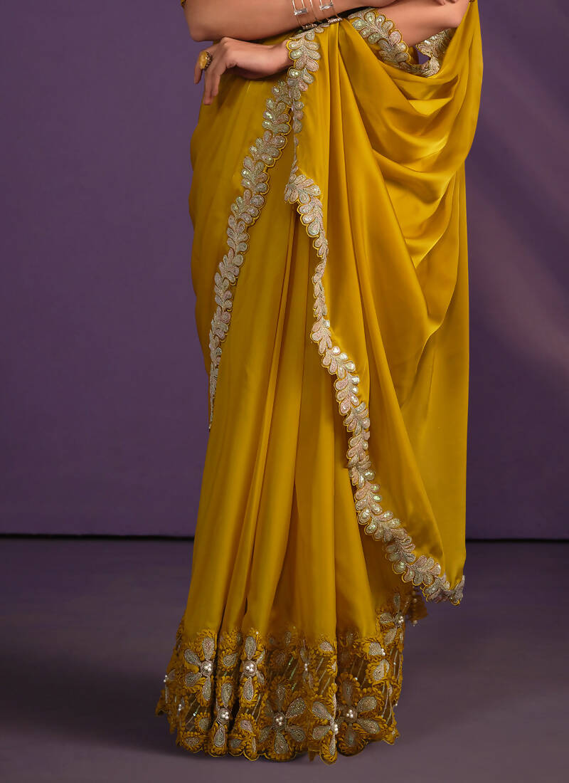Mustard Crepe Satin Silk Embroidered Saree With Stitched Blouse - Mohmanthan Exotica | Grocsy