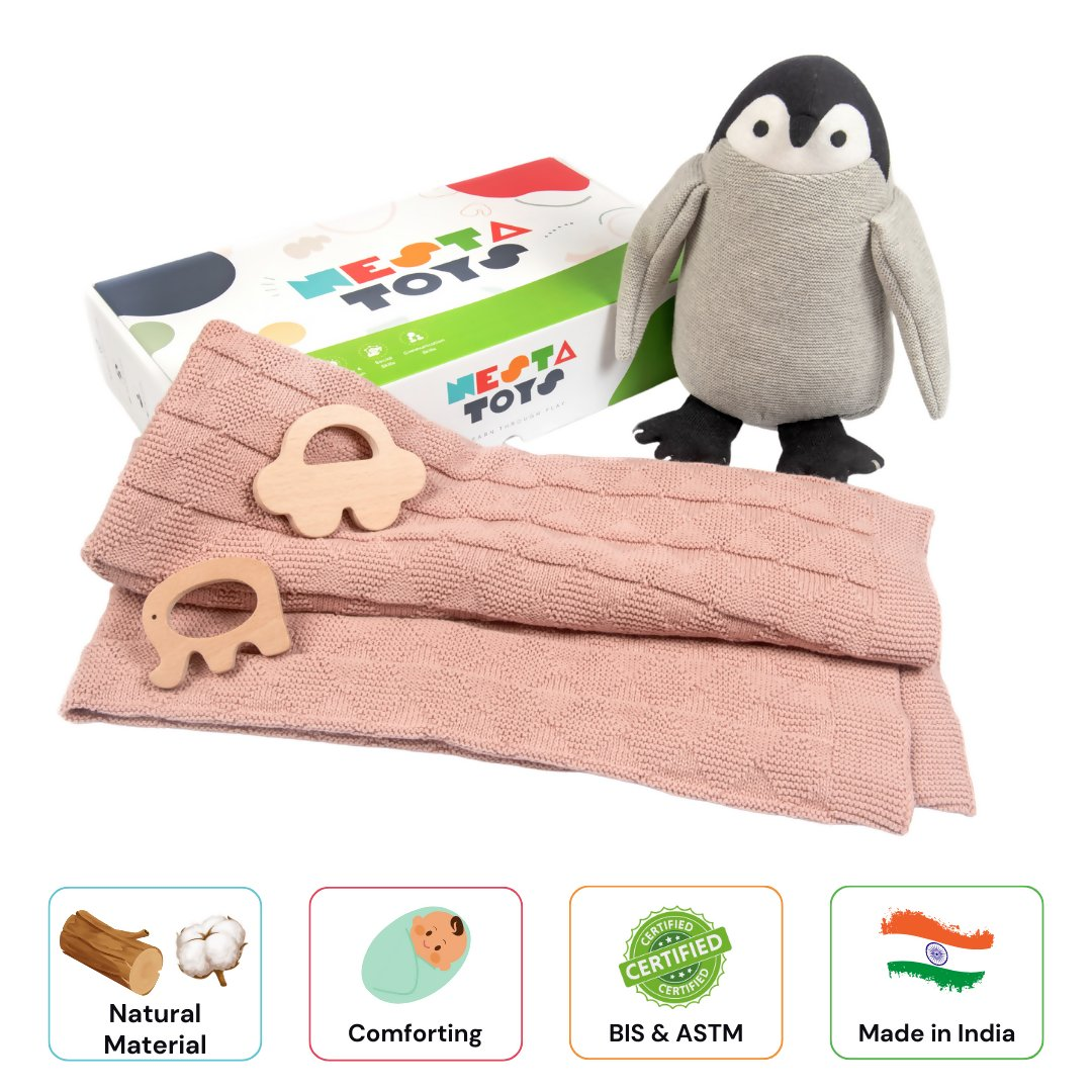 Nesta Toys Newborn Gift Set - Knitted Cotton Blanket, Penguin Plush Toy, Elephant & Car Teether | Grocsy