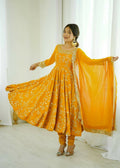 Teeya Creation Yellow Color Heavy Faux Georgette Embroidery Work Gown | Grocsy