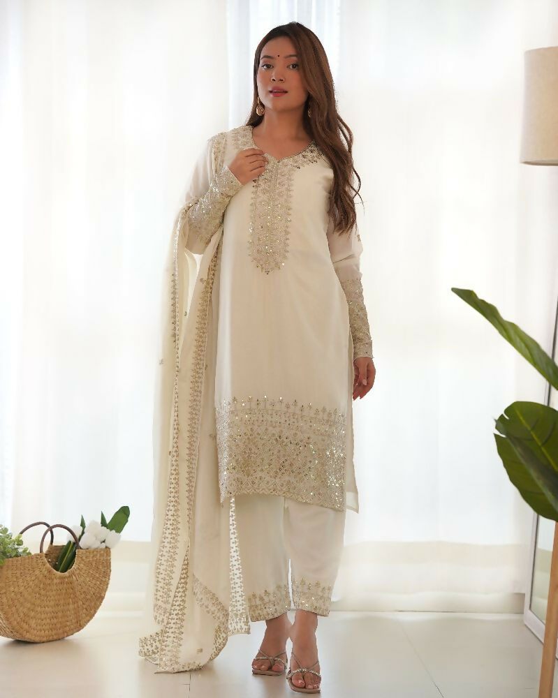 Joban Fashion White Kurta Set Silk Sequence Embroidery Work | Grocsy