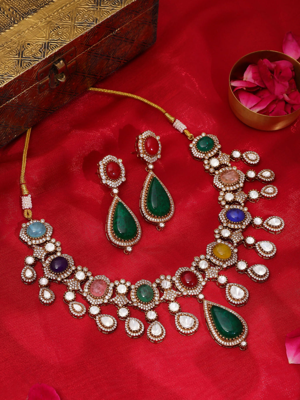 Ruby Raang Gold Polished Kundan Work Multi-Color Maharani Kundan And Stonework Necklace With Earrings | Grocsy