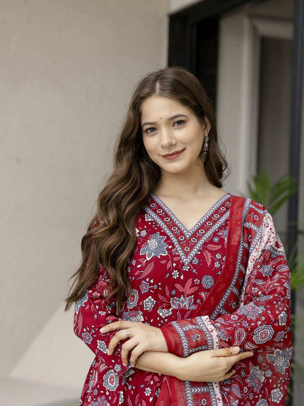 The52 Maroon Women's Gorgeous Rayon Fabric Printed Work Flared Kurta, Pant and Dupatta Set | Grocsy