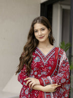 The52 Maroon Women's Gorgeous Rayon Fabric Printed Work Flared Kurta, Pant and Dupatta Set | Grocsy